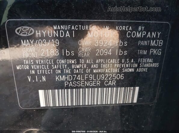 KMHD74LF9LU922506 2020 HYUNDAI ELANTRA Черный Вид подкапотного пространства