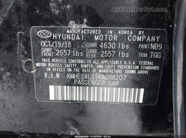KMHE24L31KA088207 2019 HYUNDAI SONATA HYBRID Черный Вид подкапотного пространства