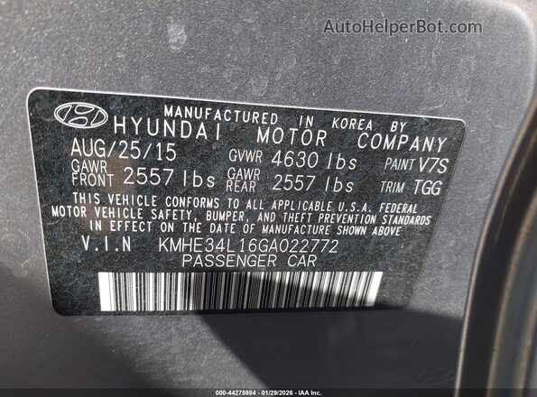 KMHE34L16GA022772 2016 HYUNDAI SONATA HYBRID Серебряный Вид подкапотного пространства