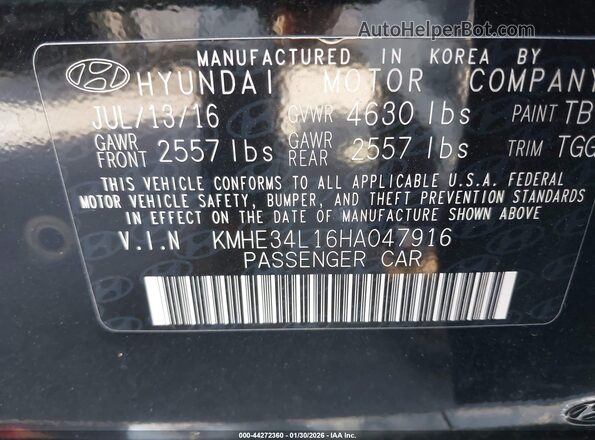 KMHE34L16HA047916 2017 HYUNDAI SONATA HYBRID Черный Вид подкапотного пространства