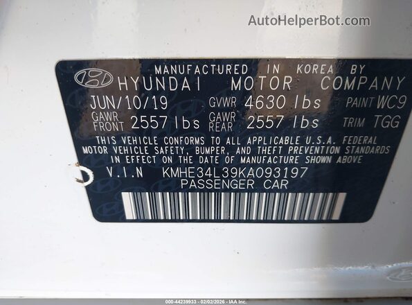 KMHE34L39KA093197 2019 HYUNDAI SONATA HYBRID Белый Вид подкапотного пространства