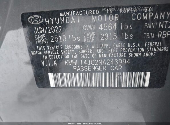 KMHL14JC2NA243994 2022 HYUNDAI SONATA Gray Widok komory silnika