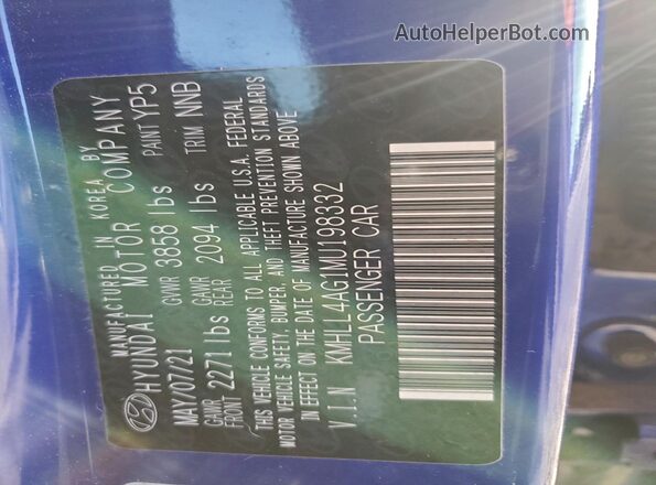 KMHLL4AG1MU198332 2021 HYUNDAI ELANTRA Синий Вид наклейки с VIN-кодом