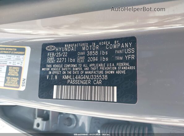 KMHLL4AG4NU335538 2022 HYUNDAI ELANTRA Gray ძრავის განყოფილების ხედი