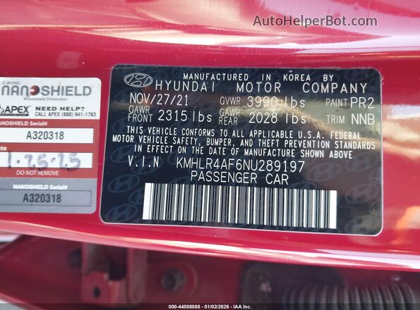 KMHLR4AF6NU289197 2022 HYUNDAI ELANTRA Red Widok komory silnika