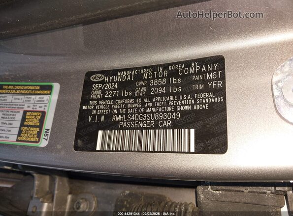 KMHLS4DG3SU893049 2025 HYUNDAI ELANTRA Gray ძრავის განყოფილების ხედი