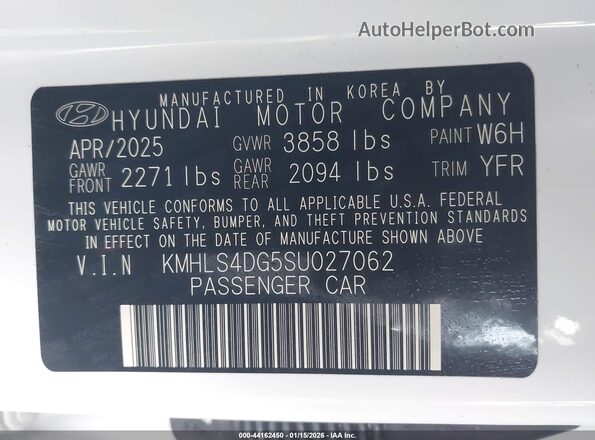 KMHLS4DG5SU027062 2025 HYUNDAI ELANTRA White ძრავის განყოფილების ხედი
