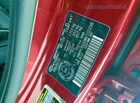 KMHRC8A30MU102298 2021 HYUNDAI VENUE Красный Вид наклейки с VIN-кодом