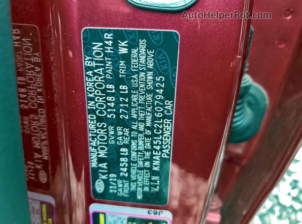 KNAE45LC2L6079425 2020 KIA STINGER Red ძრავის განყოფილების ხედი