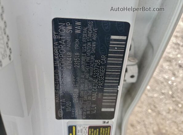 KNALC4J14L5237758 2020 KIA CADENZA Белый Вид подкапотного пространства