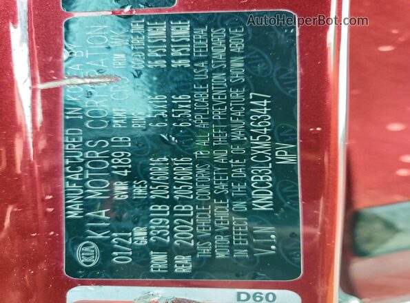 KNDCB3LCXM5463447 2021 KIA NIRO Red VIN კოდის სტიკერის ხედი