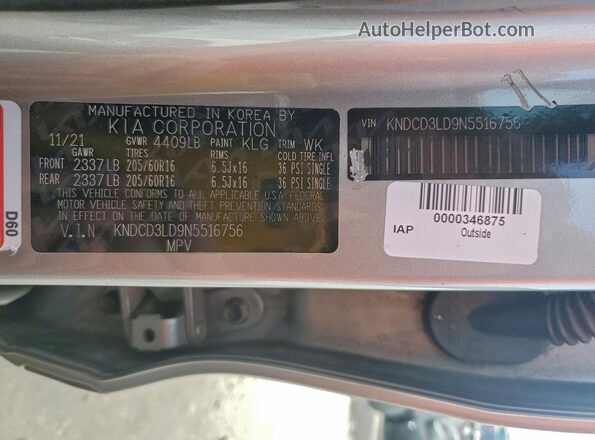 KNDCD3LD9N5516756 2022 KIA NIRO Gray Vista de la etiqueta del VIN
