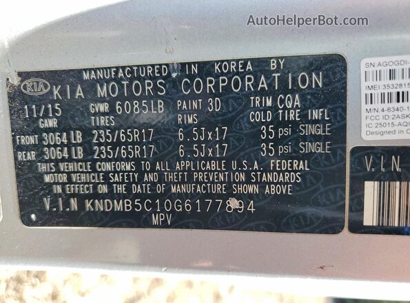 KNDMB5C10G6177894 2016 KIA SEDONA Silver Widok naklejki z numerem VIN