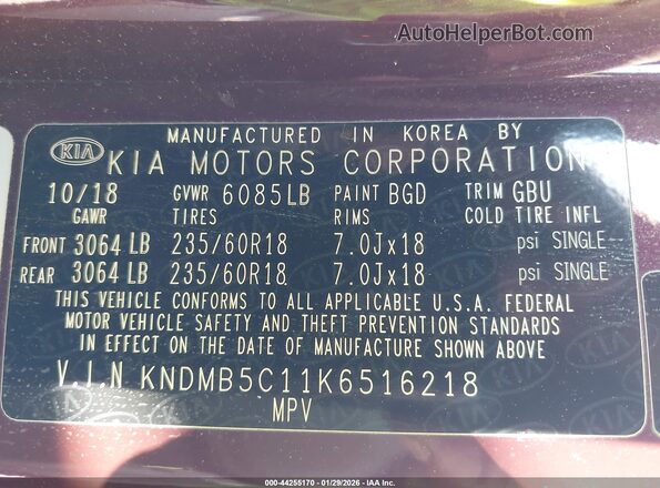 KNDMB5C11K6516218 2019 KIA SEDONA Purple Widok komory silnika
