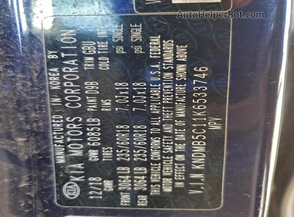 KNDMB5C11K6533746 2019 KIA SEDONA Blue Widok naklejki z numerem VIN