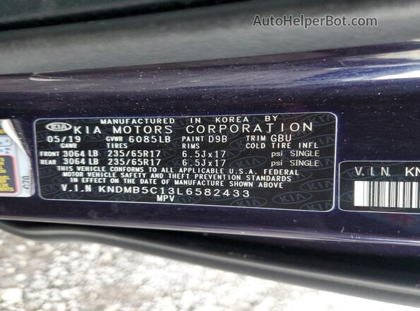 KNDMB5C13L6582433 2020 KIA SEDONA Blue Widok naklejki z numerem VIN