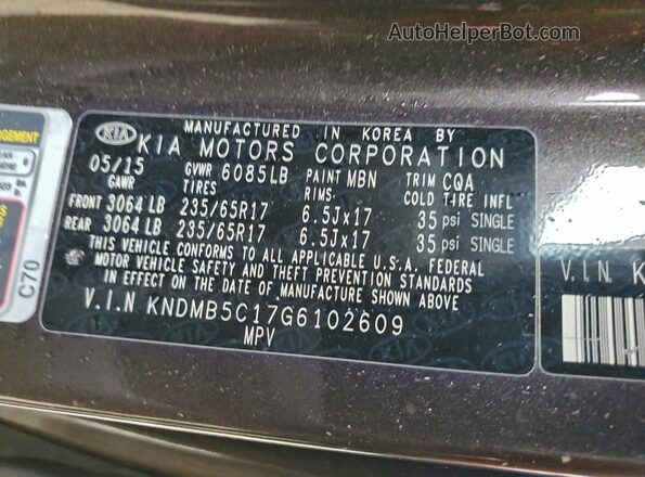 KNDMB5C17G6102609 2016 KIA SEDONA Коричневый Вид наклейки с VIN-кодом