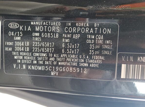 KNDMB5C19G6085912 2016 KIA SEDONA Черный Вид наклейки с VIN-кодом
