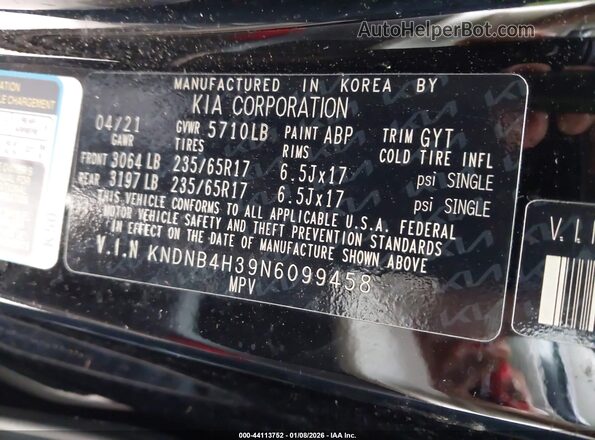 KNDNB4H39N6099458 2022 KIA CARNIVAL MPV Черный Вид подкапотного пространства
