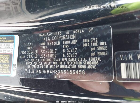 KNDNB4H3XN6156458 2022 KIA CARNIVAL MPV Черный Вид подкапотного пространства