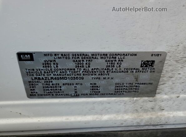 LRBAZLR49MD103609 2021 BUICK ENVISION White VIN კოდის სტიკერის ხედი