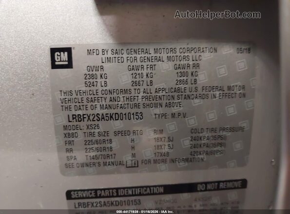 LRBFX2SA5KD010153 2019 BUICK ENVISION Silver Vista del compartimento del motor