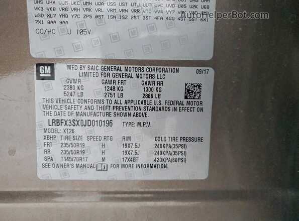 LRBFX3SX0JD010196 2018 BUICK ENVISION Коричневый Вид наклейки с VIN-кодом
