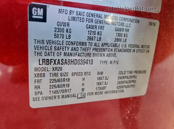 LRBFXASA8HD039410 2017 BUICK ENVISION Maroon Vista de la etiqueta del VIN