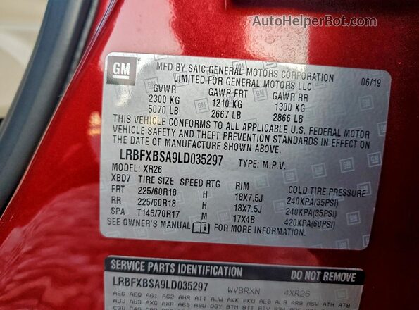 LRBFXBSA9LD035297 2020 BUICK ENVISION Red Vista de la etiqueta del VIN