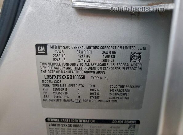 LRBFXFSXXGD188658 2016 BUICK ENVISION Silver VIN კოდის სტიკერის ხედი
