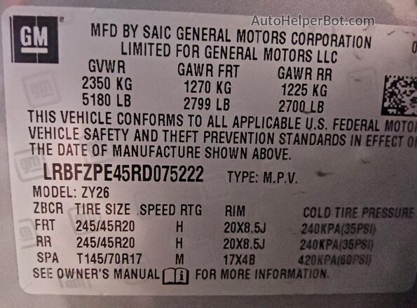 LRBFZPE45RD075222 2024 BUICK ENVISION Серый Вид наклейки с VIN-кодом