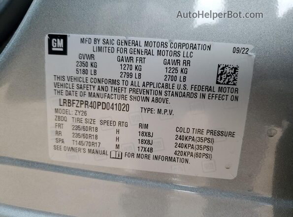 LRBFZPR40PD041020 2023 BUICK ENVISION Gray Vista de la etiqueta del VIN