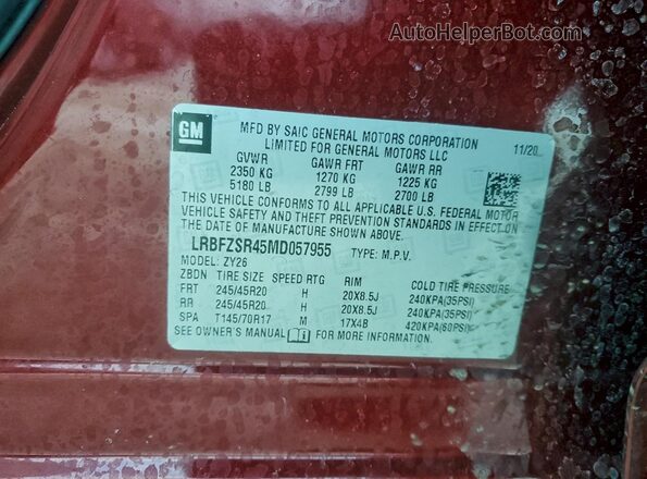 LRBFZSR45MD057955 2021 BUICK ENVISION Burgundy VIN կոդի պիտակի տեսք