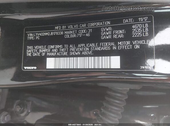 LYV402HM2JB178338 2018 VOLVO S60 INSCRIPTION Black Widok komory silnika