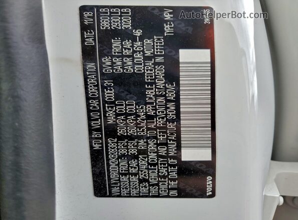 LYVBR0DM2KB283812 2019 VOLVO XC60 White Widok komory silnika