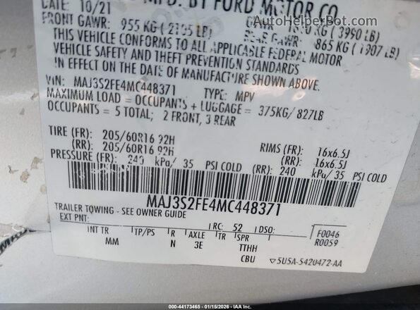 MAJ3S2FE4MC448371 2021 FORD ECOSPORT Серебряный Вид подкапотного пространства