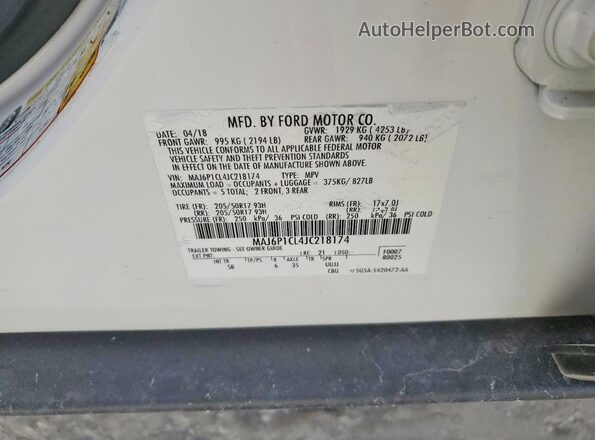 MAJ6P1CL4JC218174 2018 FORD ECOSPORT White Вид наклейки з VIN-кодом