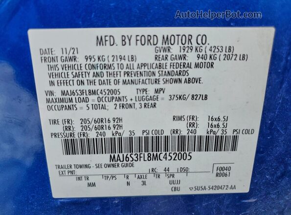 MAJ6S3FL8MC452005 2021 FORD ECOSPORT Blue Widok naklejki z numerem VIN