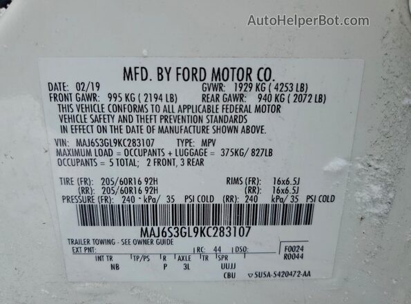 MAJ6S3GL9KC283107 2019 FORD ECOSPORT Белый Вид наклейки с VIN-кодом