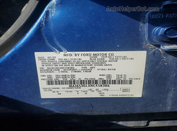 MAJ6S3GLXNC458386 2022 FORD ECOSPORT Синий Вид наклейки с VIN-кодом