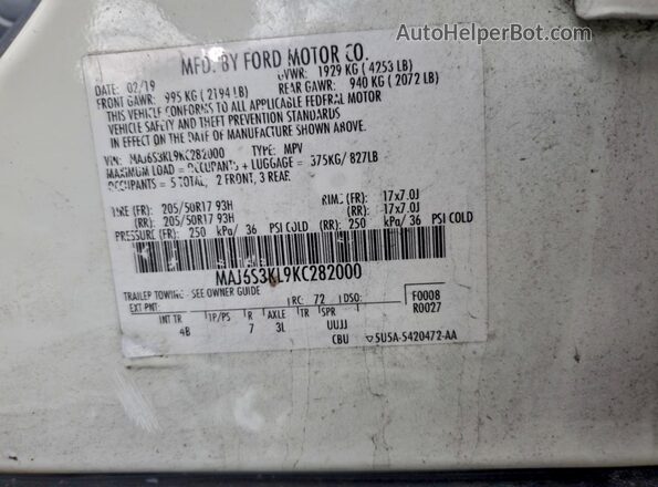 MAJ6S3KL9KC282000 2019 FORD ECOSPORT White Widok komory silnika