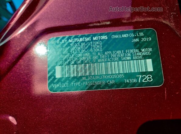 ML32A3HJ7KH009385 2019 MITSUBISHI MIRAGE Красный Вид подкапотного пространства