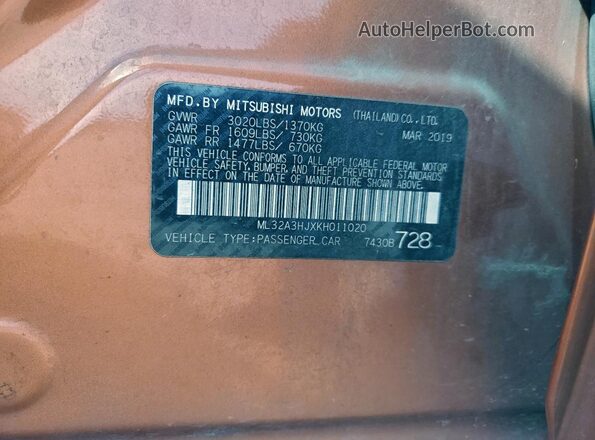 ML32A3HJXKH011020 2019 MITSUBISHI MIRAGE Оранжевый Вид подкапотного пространства