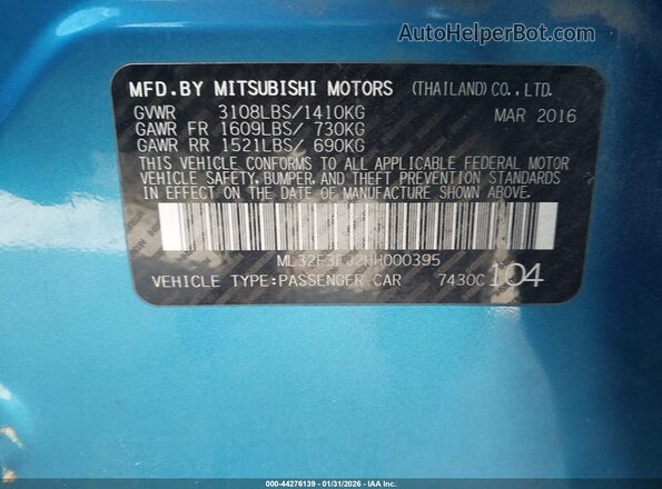 ML32F3FJ2HH000395 2017 MITSUBISHI MIRAGE G4 Бирюзовый Вид подкапотного пространства
