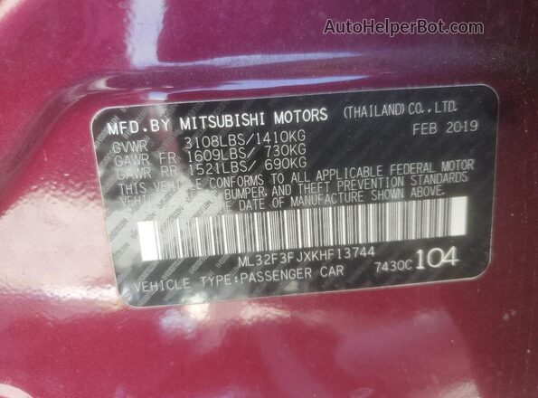 ML32F3FJXKHF13744 2019 MITSUBISHI MIRAGE Бордовый Вид наклейки с VIN-кодом