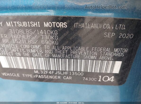 ML32F4FJ5LHF13500 2020 MITSUBISHI MIRAGE G4 Blue Vista del compartimento del motor