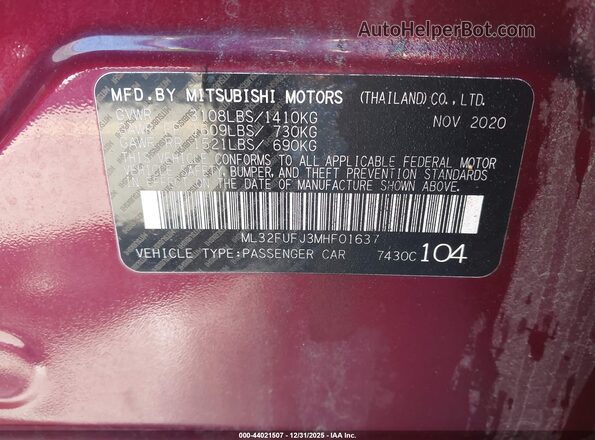 ML32FUFJ3MHF01637 2021 MITSUBISHI MIRAGE G4 Бордовый Вид подкапотного пространства