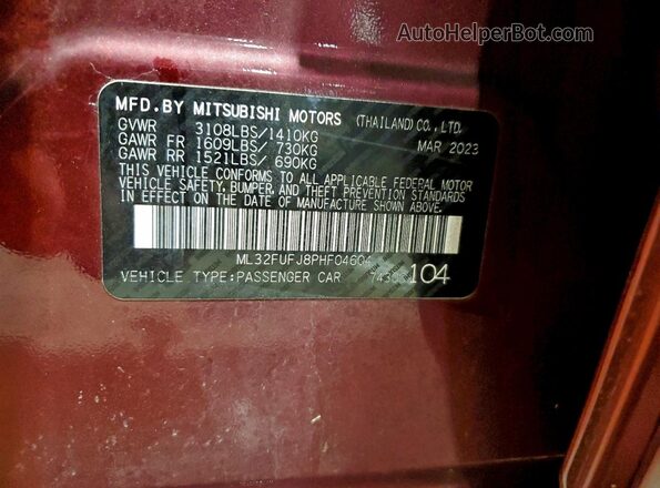 ML32FUFJ8PHF04604 2023 MITSUBISHI MIRAGE Бордовый Вид наклейки с VIN-кодом