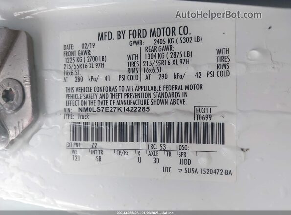 NM0LS7E27K1422285 2019 FORD TRANSIT CONNECT Белый Вид подкапотного пространства
