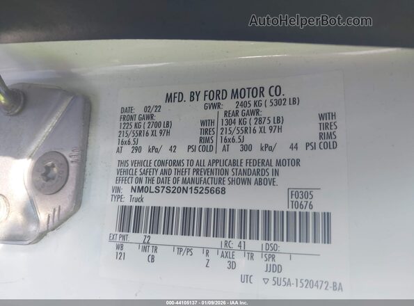 NM0LS7S20N1525668 2022 FORD TRANSIT CONNECT White Widok komory silnika